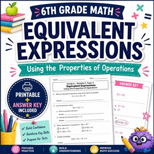 May include: A colorful educational graphic for 6th-grade math, focusing on equivalent expressions. The image includes worksheets, an answer key, and the text "Printable + Answer Key Included." It features an apple on top of books and a cute cartoon character.