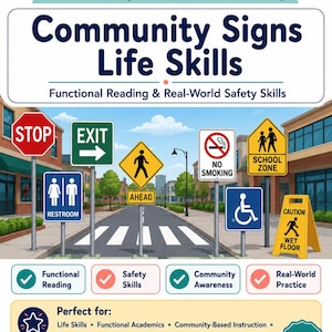 May include: An educational resource titled Life Skills Essentials Community Signs Life Skills featuring illustrations of various traffic and safety signs including stop, exit, pedestrian crossing, no smoking, school zone, and wet floor signs.