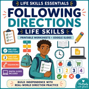 Puede incluir: Gráfico educativo titulado Life Skills Essentials Following Directions Life Skills con un estudiante dibujado sosteniendo un portapapeles. Incluye iconos de hojas de trabajo, Google Slides, un lápiz, un reloj, una mochila, una manzana y secuencias numeradas.