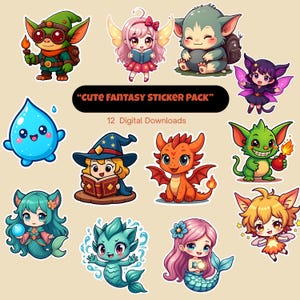 Könnte beinhalten: Eine Sammlung von 12 digitalen Download-Stickern mit niedlichen Fantasy-Charakteren. Die Sticker zeigen einen grünen Kobold, eine Fee mit rosa Flügeln, ein freundliches Monster, eine lila Fee, einen blauen Wassertropfen, eine Hexe, einen roten Drachen, eine Meerjungfrau und eine Fee.