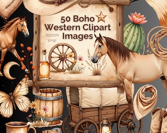 Paquete de imágenes prediseñadas del oeste, gráficos de vaquera boho (PNG, descarga digital)