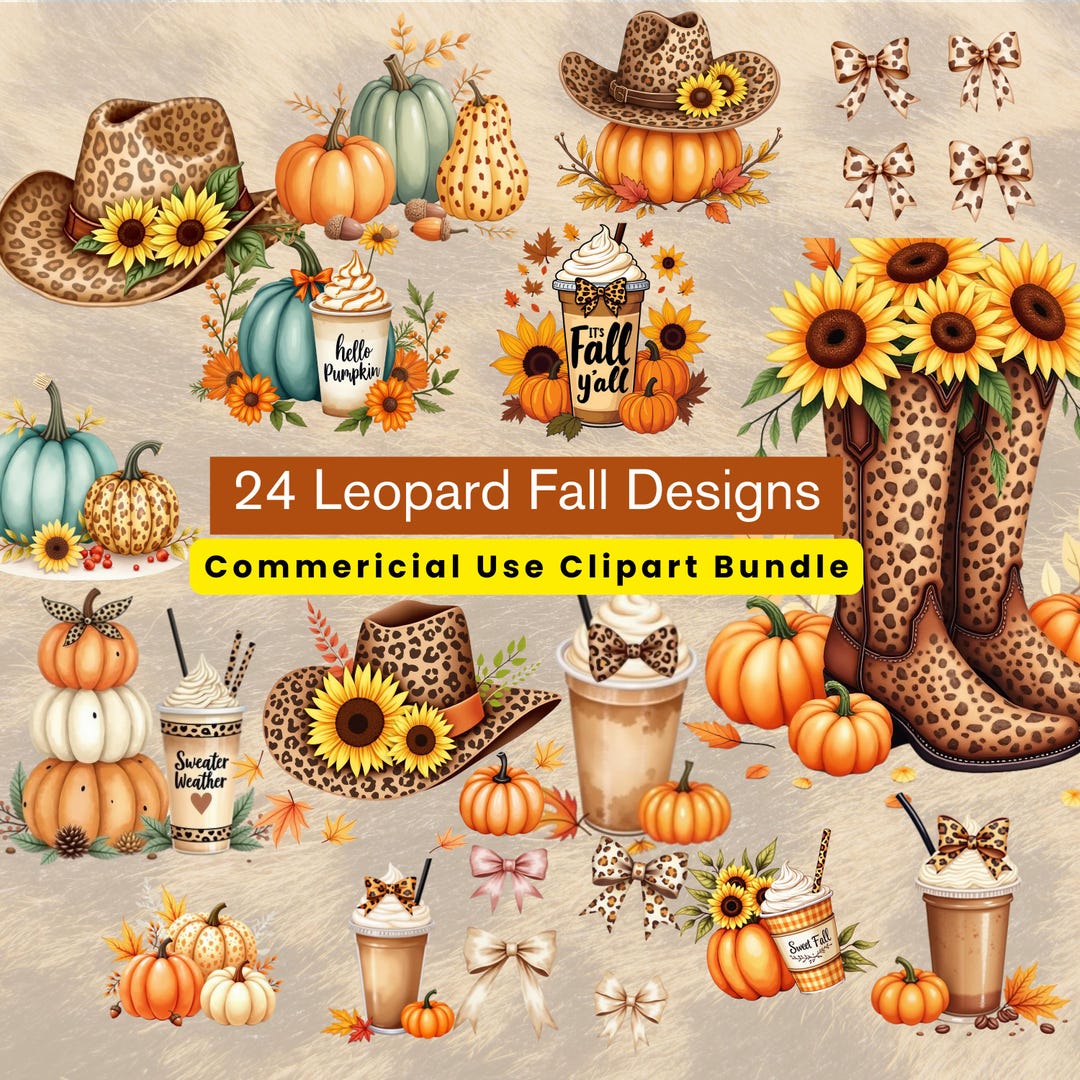 Leopard Fall Clipart Bundle: Watercolor Pumpkins, Sunflowers ...