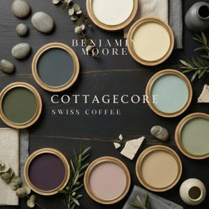Cottagecore Paint Palette | Benjamin Moore Swiss Coffee | Warm Whole Home Colors