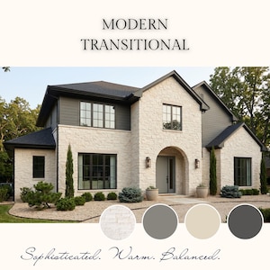 Può includere: Una casa moderna e di transizione con facciata in pietra chiara, tetto grigio scuro e infissi neri. L'immagine include il testo "MODERN TRANSITIONAL" e "Sophisticated. Warm. Balanced."