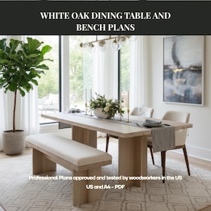 Puede incluir: Una mesa de comedor y un banco de roble claro en un comedor moderno y luminoso. La mesa rectangular y el banco a juego son el centro de atención. La habitación cuenta con grandes ventanales, una alfombra estampada y una planta decorativa. Texto en la imagen: "WHITE OAK DINING TABLE AND BENCH PLANS".