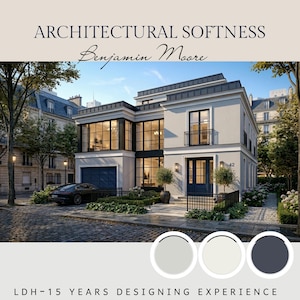 May include: An architectural rendering of a modern house with large windows and a dark blue garage door. The image includes the text "ARCHITECTURAL SOFTNESS Benjamin Moore" and a color palette of three paint swatches.