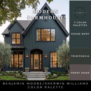 Könnte beinhalten: Ein zweistöckiges, dunkel anthrazitfarbenes Haus mit vertikaler Fassadenverkleidung, schwarz gerahmten Fenstern und einem zentralen Bogeneingang. Das Bild enthält den Text MODERN FARMHOUSE, 7 COLOR PALETTES und BENJAMIN MOORE/SHERWIN WILLIAMS COLOR PALETTE.