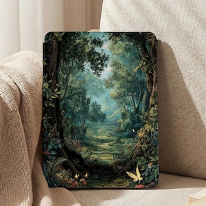 May include: A rectangular tablet case featuring a detailed forest scene with dense green trees, a winding path, and a prominent yellow butterfly in the foreground. The artwork displays a lush woodland landscape with deep shadows and light filtering through.