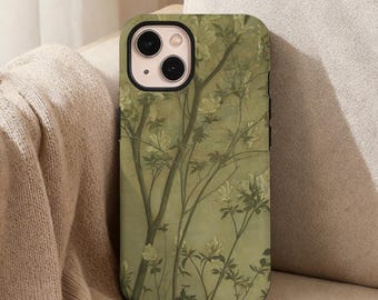 May include: A rectangular smartphone case featuring a muted olive green background with a detailed botanical illustration of thin tree branches, delicate leaves, and small blooming flowers covering the entire surface of the back panel.