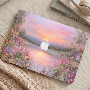 Funda para MacBook con diseño de flores silvestres en el lago al atardecer (2026) para MacBook Pro de 16/15/14/13 pulgadas (modelos M5, M4, M3 y M2). Funda protectora para portátil.
