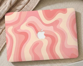 ピンクの美的ウェーブ MacBook ケース MacBook Pro 13 インチケース 2025 Air 15 13 ケース M4、カスタム MacBook Pro 14 15 16 M1 M2、Apple ラップトップカバー