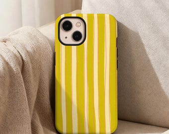 May include: A smartphone case featuring a vertical striped pattern in shades of chartreuse green and pale cream. The design includes thin, hand-drawn style lines in a soft pink hue between the stripes. The case has a black camera lens cutout.