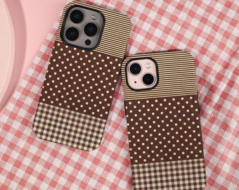 Brown Striped Polka Dots Phone Cover for iPhone 16e iPhone 16, 15, 14, 13, 12, 11 Pro Max Plus X, 13 12 Mini Case, Trendy iPhone Case