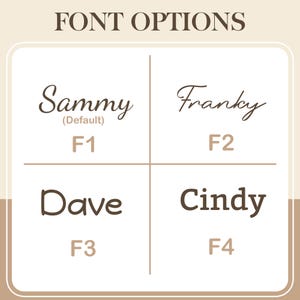 May include: A grid displaying four font options labeled F1 through F4. F1 shows the name Sammy with the text Default. F2 shows the name Franky. F3 shows the name Dave. F4 shows the name Cindy. The text FONT OPTIONS is centered at the top in brown.