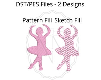 以下が含まれることがあります： DST/PESファイル形式のピンクのバレリーナ刺繍デザイン2種。テキストには「2 in, 2.5 in, 3 in, DST/PES Files - 2 Designs, Pattern Fill, Sketch Fill」と記載されています。片方のバレリーナはパターン塗りつぶし、もう片方はスケッチ塗りつぶしになっています。