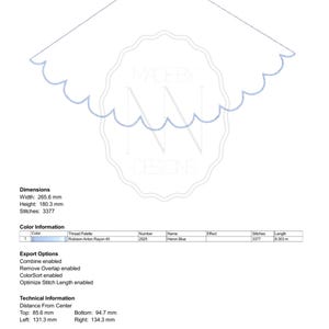 Pu&ograve; includere: Un disegno di ricamo digitale con un bordo smerlato, in filo Blu Airone. Il disegno &egrave; largo 26,6 cm e alto 18,0 cm, con 3377 punti. Il disegno include informazioni tecniche e opzioni di esportazione.