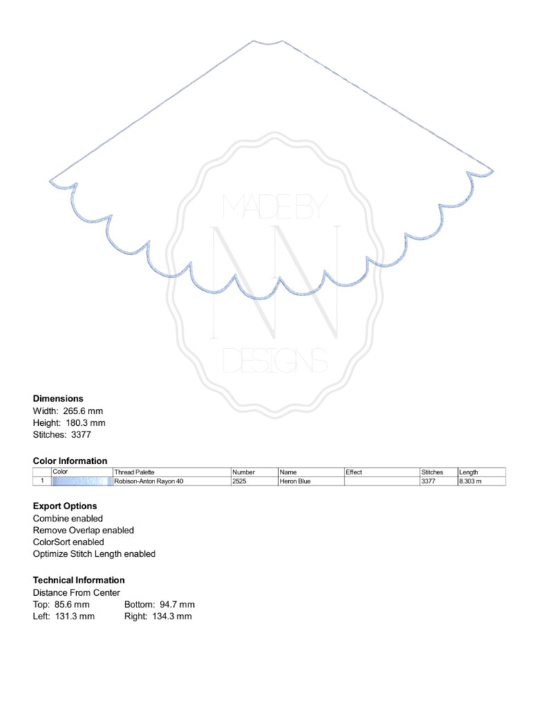 Pu&ograve; includere: Un disegno di ricamo digitale con un bordo smerlato, in filo Blu Airone. Il disegno &egrave; largo 26,6 cm e alto 18,0 cm, con 3377 punti. Il disegno include informazioni tecniche e opzioni di esportazione.