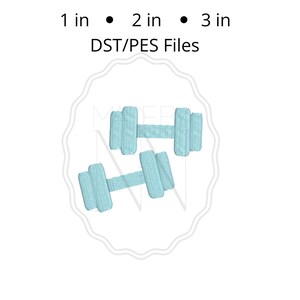 May include: Two light blue embroidered dumbbell designs with a textured stitch pattern. The image includes the text 1 in • 2 in • 3 in and DST/PES Files, indicating available sizes in inches and digital file formats for machine embroidery.