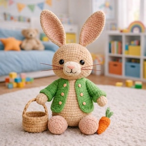 Wzór na szydełkowego króliczka: wiosenny amigurumi z kurtką, marchewką i koszykiem (pobierz plik PDF)