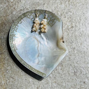 Puede incluir: Pendientes colgantes con racimos de pequeñas conchas beige suspendidas de ganchos dorados. Los pendientes descansan sobre un plato nacarado e iridiscente en forma de concha con un borde decorativo.