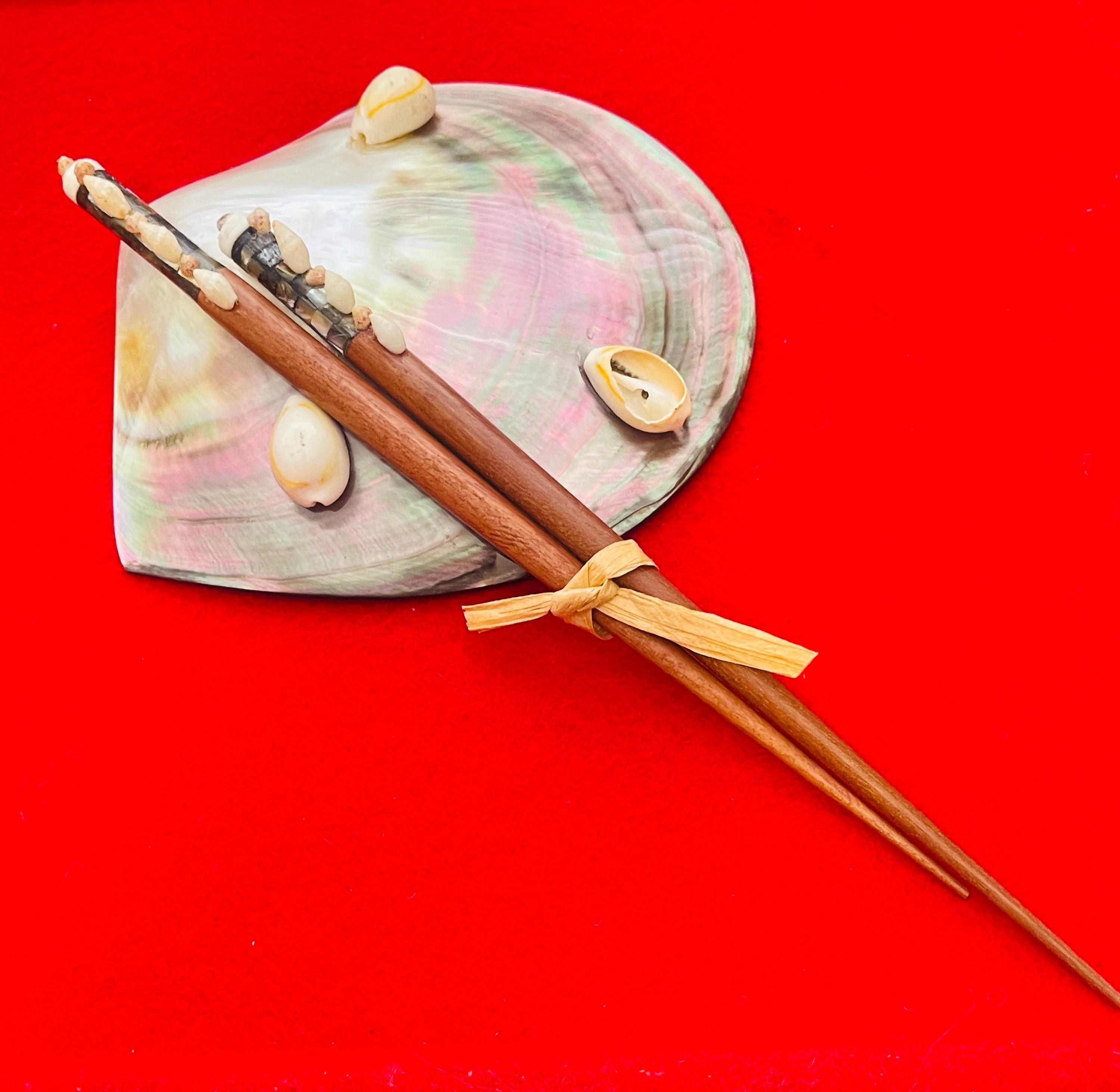 Handmade wooden hair sticks designed with rare Momi, Kahelelani, and Puka shell and mother-of-pearl hair accessories, Hawaiian inspired
