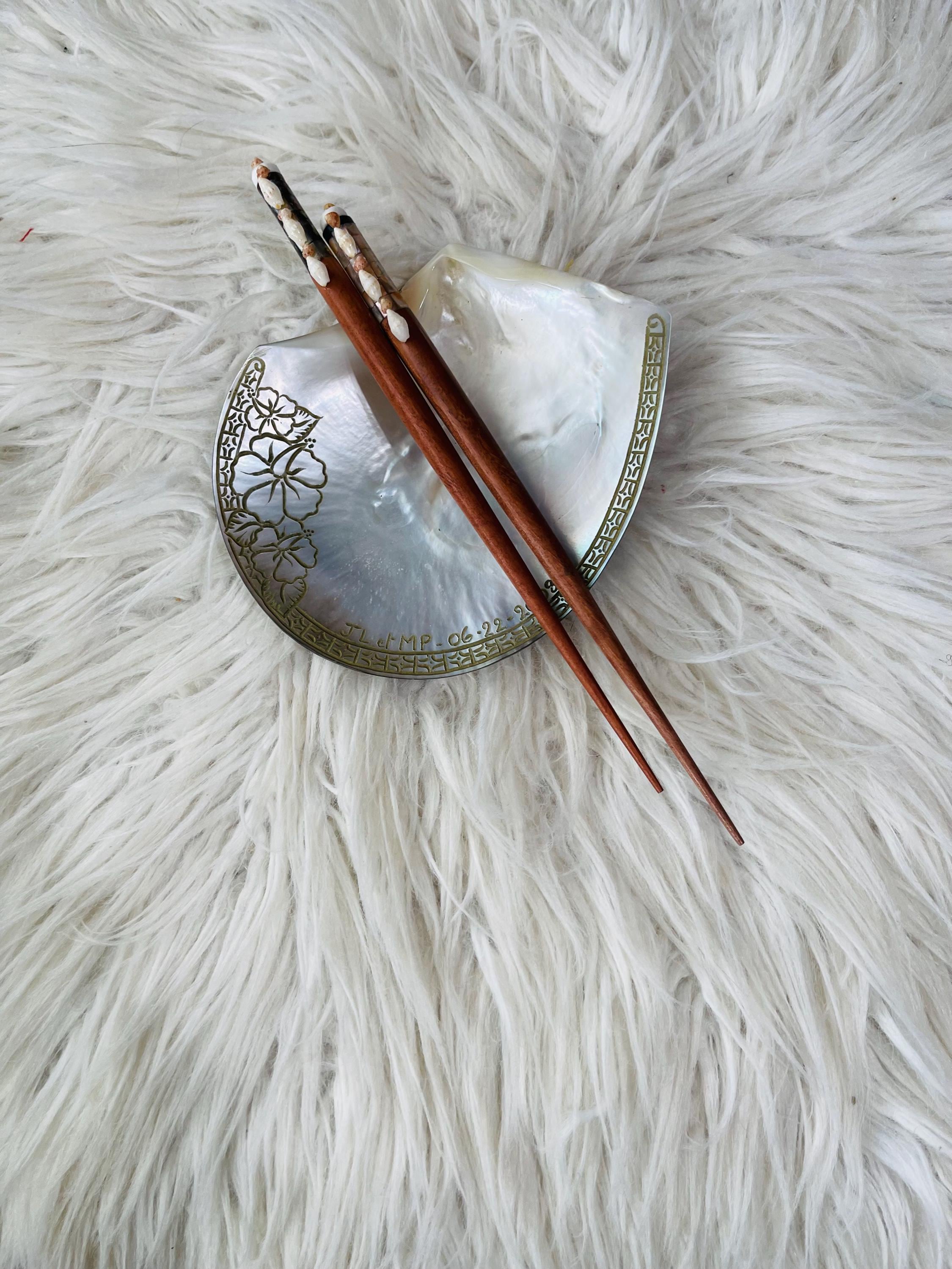 Handmade wooden hair sticks designed with rare Momi, Kahelelani, and Puka shell and mother-of-pearl hair accessories, Hawaiian inspired