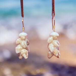May include: A pair of drop earrings featuring clusters of small, off-white and tan natural seashells suspended from thin, dark brown braided cords with gold-toned metal hooks. The shells are arranged in a vertical, textured formation.