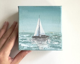 Miniature Sailboat Oil Painting: Impasto Nautical Art, 4x4