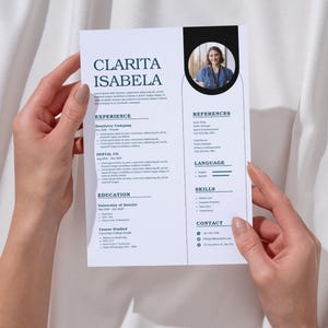 Modello di curriculum per dentista, blu, bianco, semplice, modificabile, design Canva, download immediato, assistenza sanitaria professionale