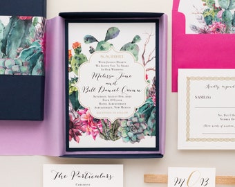 Watercolor Cactus Box Wedding Invitation - Desert Blooms - Sample
