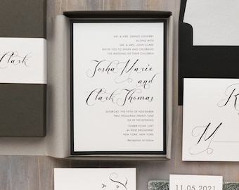 Elegant Calligraphy Box Wedding Invitation - Black Script - Sample