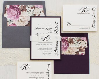 Calligraphy Script Wedding Invitations, Ivory & Purple Envelope Liner, Script Fonts, Plum, Ivory, Gray - "Simple Calligraphy" Sample