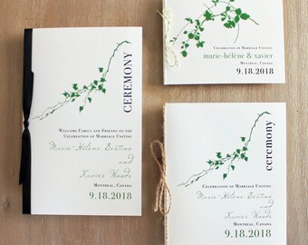 Garden Wedding Program with Natural Motifs, Green Vines or Booklet Covers (w/Blank Interior Pages) Customizable Colors, Wording, Fonts