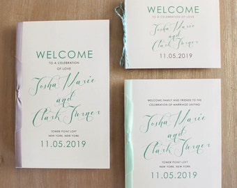 Calligraphy Wedding Programs with Mint Green/Ivory/Silver or Booklet Covers (w/Blank Interior Pages) Customizable Colors, Wording, Fonts