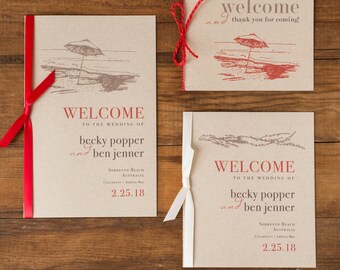 Rustic Chic Beach Wedding Program with Coral/Ivory/Kraft or Booklet Covers (w/Blank Interior Pages) Customizable Colors, Wording, Fonts