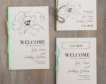 Script Wedding Program with Floral, Ribbon Bow, Baker Twine or Booklet Cover (w/Blank Interior Pages) Customizable Colors, Wording, Fonts