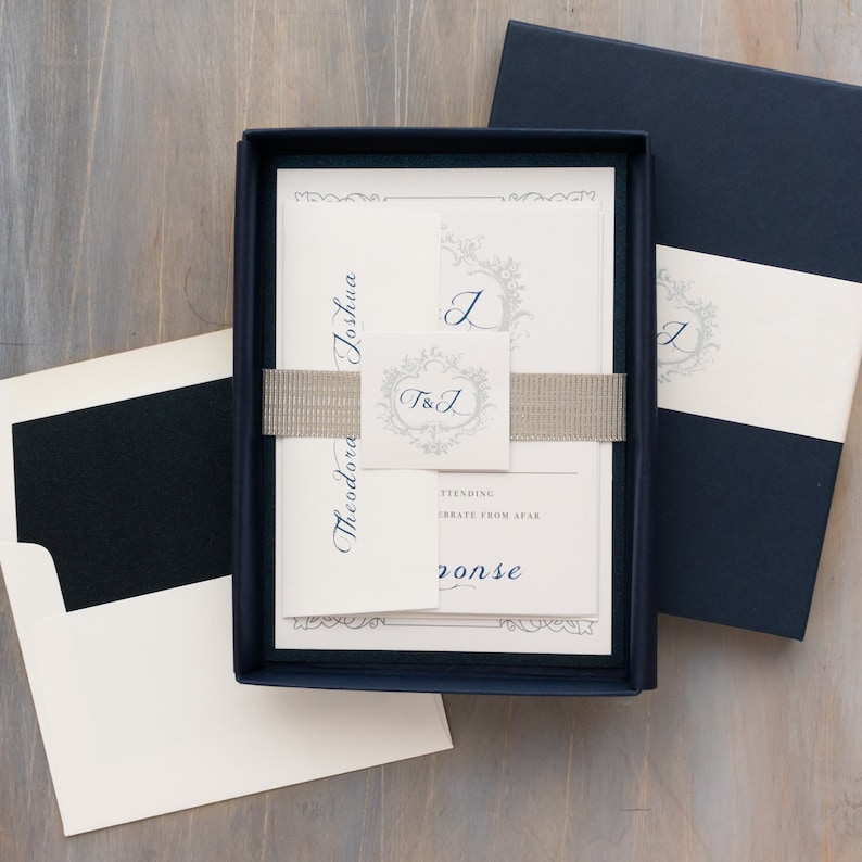 Navy Box Monogram Wedding Invitation Classic Love Sample image 2