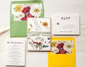 Boho Wedding Invitations, Garden Inspired, Green, Yellow, Lace, Raffia Tie, Bohemian Bride, Floral Envelope Liners - "Garden Mix" Sample