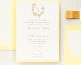 Floral Crest Yellow - Wedding Invitation - Sample