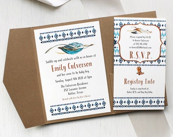 Cowboy Baby Shower Invitations, Little Cowboy Themed Invitations - Woodgrain Pocket, Navy Blue, Copper, Ivory Customizable - "Cowboy Cutie"