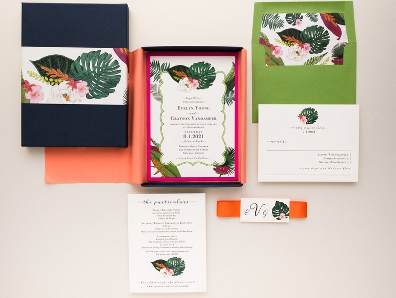 Colorful Tropical Destination Wedding Invitation Palm Leaf Sample image 4