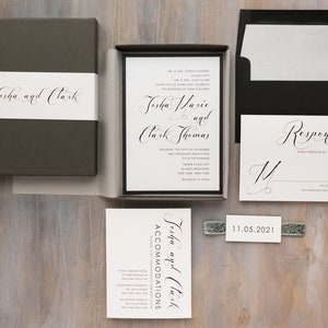 Elegant Calligraphy Box Wedding Invitation Black Script Sample image 4