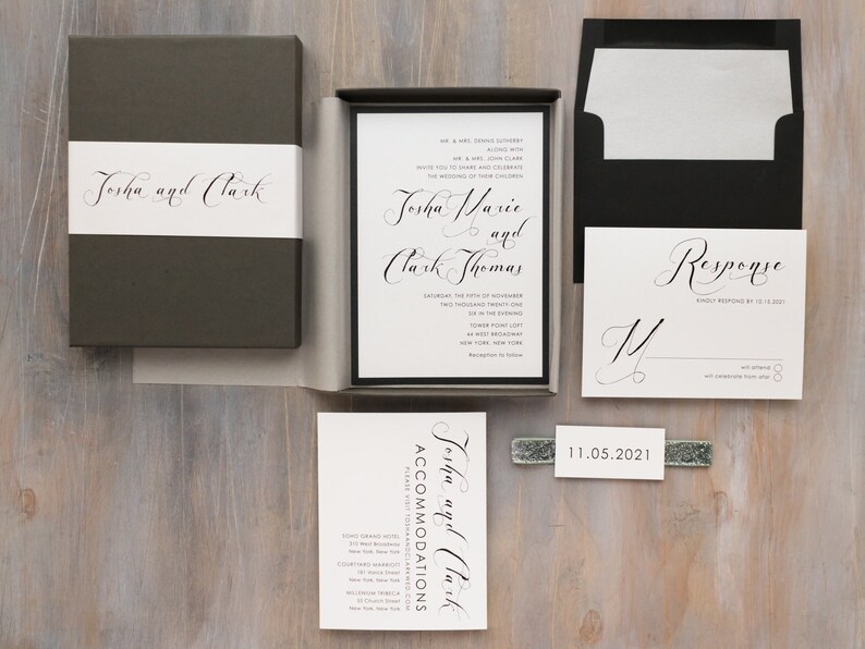 Elegant Calligraphy Box Wedding Invitation Black Script Sample image 4