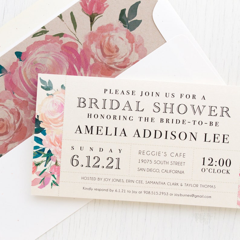 Unique Bridal Shower 3.00each Pink Watercolor Boho Shower Card with Matching Envelope Liner Pink Floral Bridal Shower Invitation