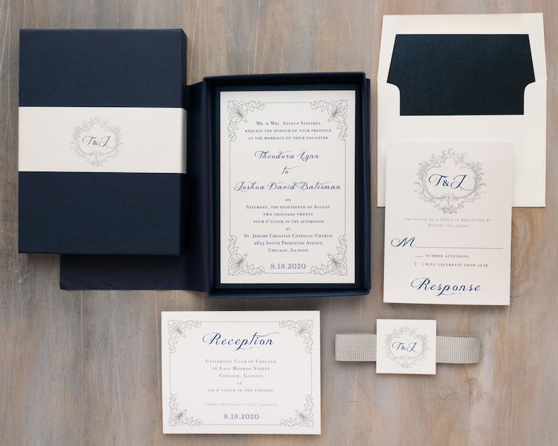 Navy Box Monogram Wedding Invitation Classic Love Sample image 3