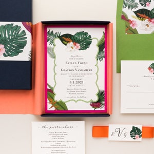 Invitación de boda colorida con destino tropical - Hoja de palma - Muestra