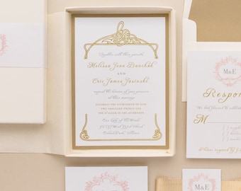 Monogram Gold Elegant Box Wedding Invitation - Antique Glitter - Sample
