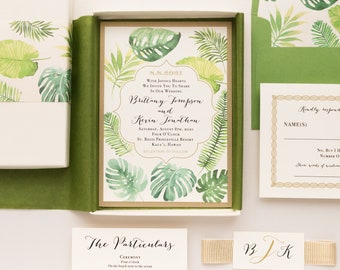 Elegant Tropical Greenery Box Wedding Invitation - Tropical Green - Sample