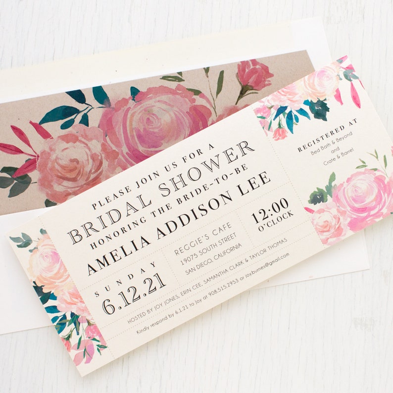 Unique Bridal Shower 3.00each Pink Watercolor Boho Shower Card with Matching Envelope Liner Pink Floral Bridal Shower Invitation