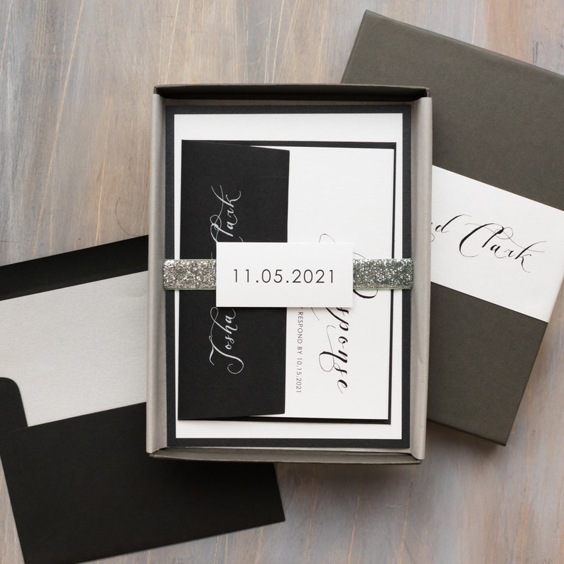 Elegant Calligraphy Box Wedding Invitation Black Script Sample image 2